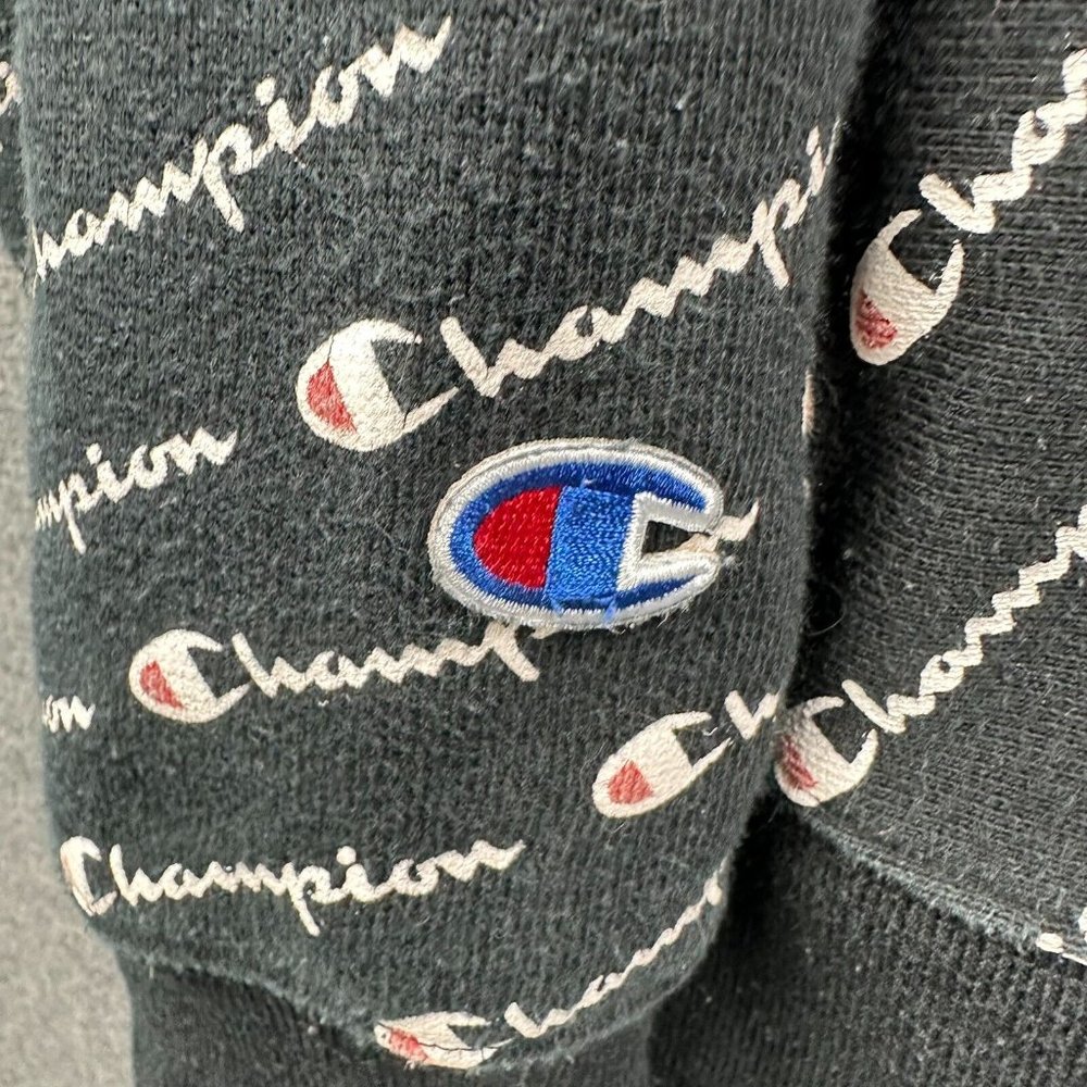 Champion Jumper Mens Large All Over Print Reverse Weave Hoodie Pullover Black - Picture 6 of 11